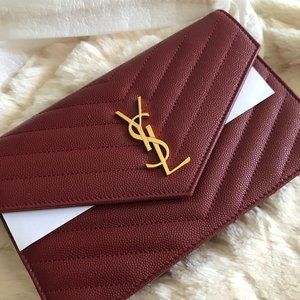 Saint Laurent - Envelope Chain Wallet in Grain de Poudre Embossed Leather  RED